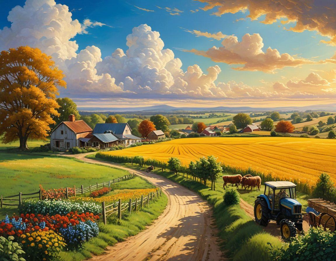 A serene countryside landscape featuring a flourishing farm with golden fields and a cozy farmhouse. In the foreground, a guardian angel figure symbolizes coverage and protection, encircling the properties with a soft, glowing light. Tools of trade, like a tractor and crops, represent investments under the angel’s watch. Soft clouds and a blue sky in the background create a sense of tranquility and security. vibrant colors. super-realistic.