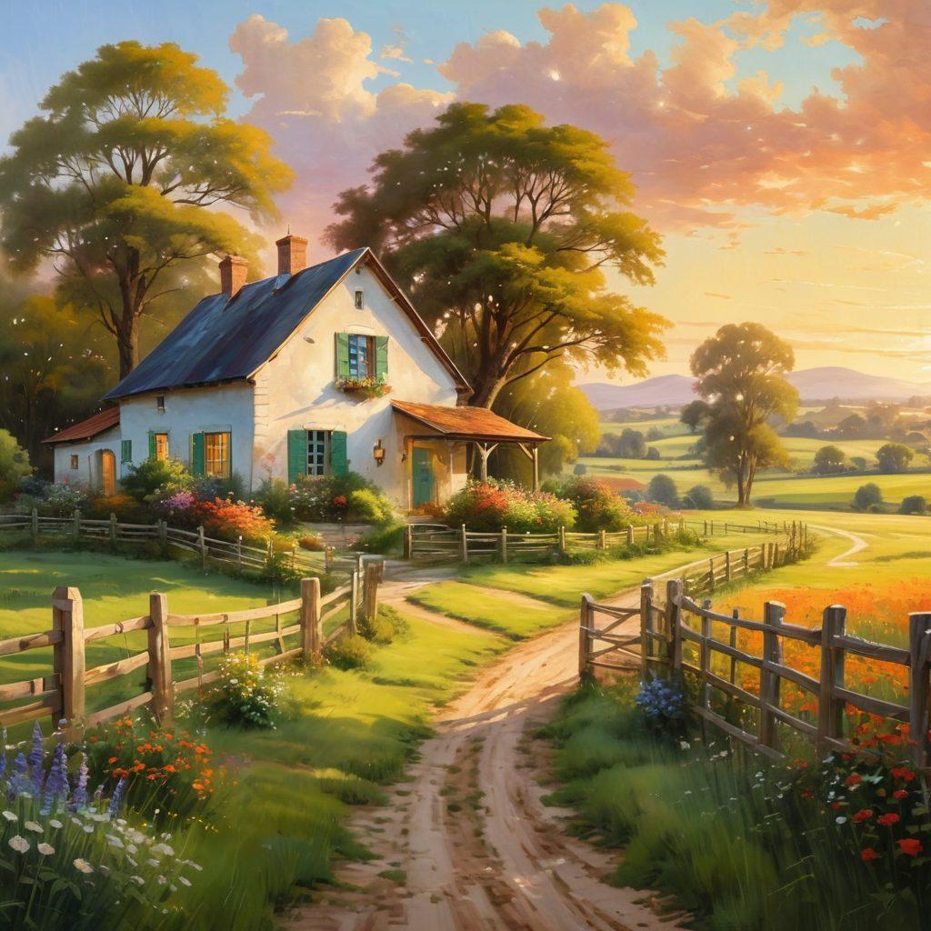 A serene rural landscape featuring a cozy farmhouse surrounded by lush fields and a protective fence. Incorporate symbols of insurance, such as a shield or umbrella, subtly blended into the scenery. Include a family happily engaged in outdoor activities, emphasizing love and care for their property. Soft, warm lighting to convey a sense of safety and security. painting. vibrant colors.