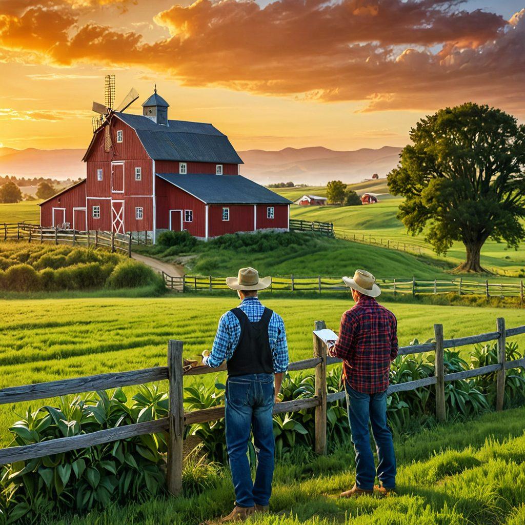 A serene rural landscape showcasing a cozy farmhouse surrounded by lush green fields, a protective fence encircling the property, and a farmer inspecting crops with a clipboard. In the background, a sunrise casts a warm glow over the hills symbolizing safety and growth. Elements like a windmill and a barn serve as symbols of rural life. super-realistic. vibrant colors. warm tones.